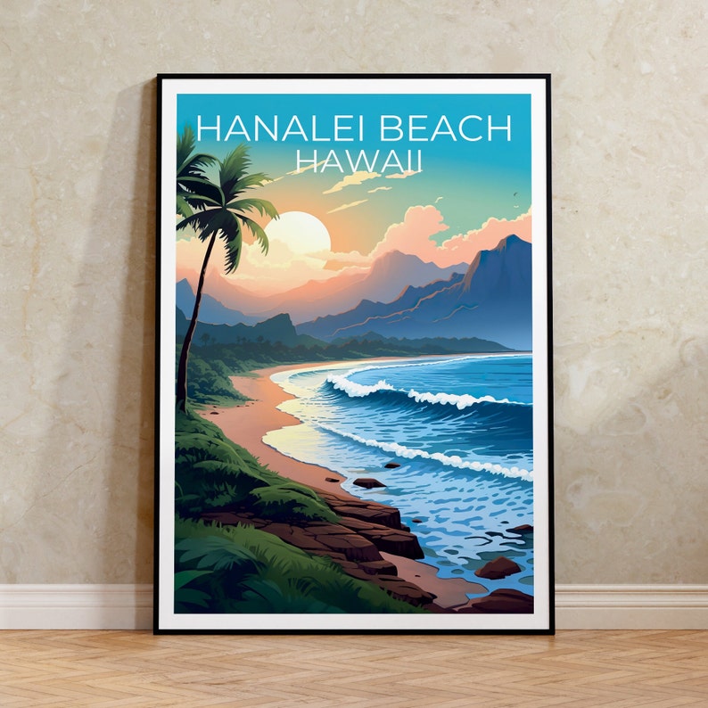 Hanalei Beach Poster, Hawaii Print, Hawaii Art, Hanalei Beach Print, Hawaii Travel Poster, Coast Poster, Hanalei Beach Wall Art