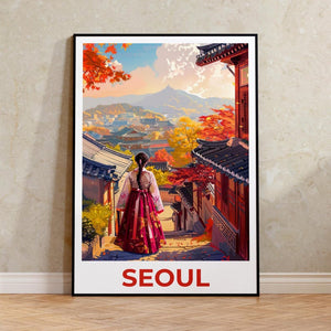 Seoul Poster, South Korea Travel Print, Bukchon Hanok Village Art, Korean Illustration, Hanbok Dress Poster,  Home Decor, Birthday Gift