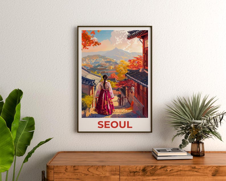 Seoul Poster, South Korea Travel Print, Bukchon Hanok Village Art, Korean Illustration, Hanbok Dress Poster,  Home Decor, Birthday Gift