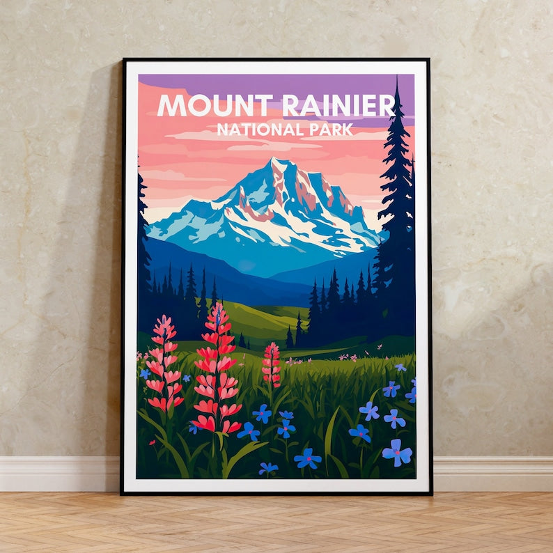 Affiche de voyage du mont Rainier, art mural du mont Rainier, impression du parc national, affiche du mont Rainier, art de la montagne, affiche de la nature, décoration murale