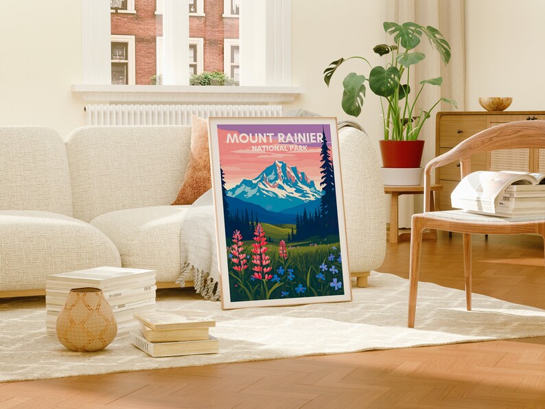 Affiche de voyage du mont Rainier, art mural du mont Rainier, impression du parc national, affiche du mont Rainier, art de la montagne, affiche de la nature, décoration murale