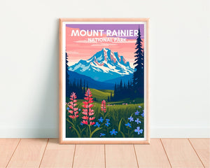Affiche de voyage du mont Rainier, art mural du mont Rainier, impression du parc national, affiche du mont Rainier, art de la montagne, affiche de la nature, décoration murale
