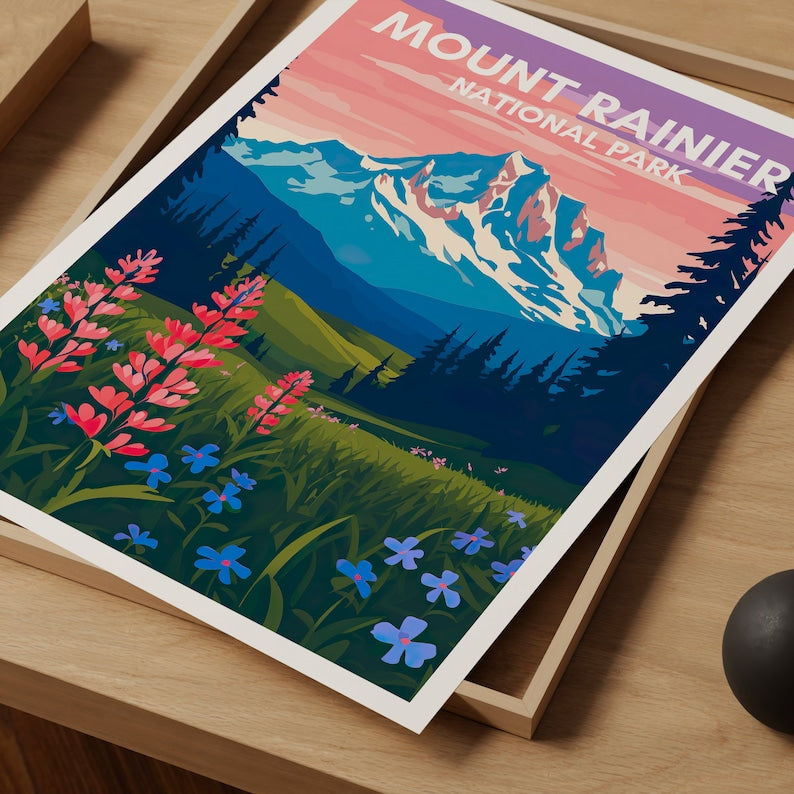 Affiche de voyage du mont Rainier, art mural du mont Rainier, impression du parc national, affiche du mont Rainier, art de la montagne, affiche de la nature, décoration murale