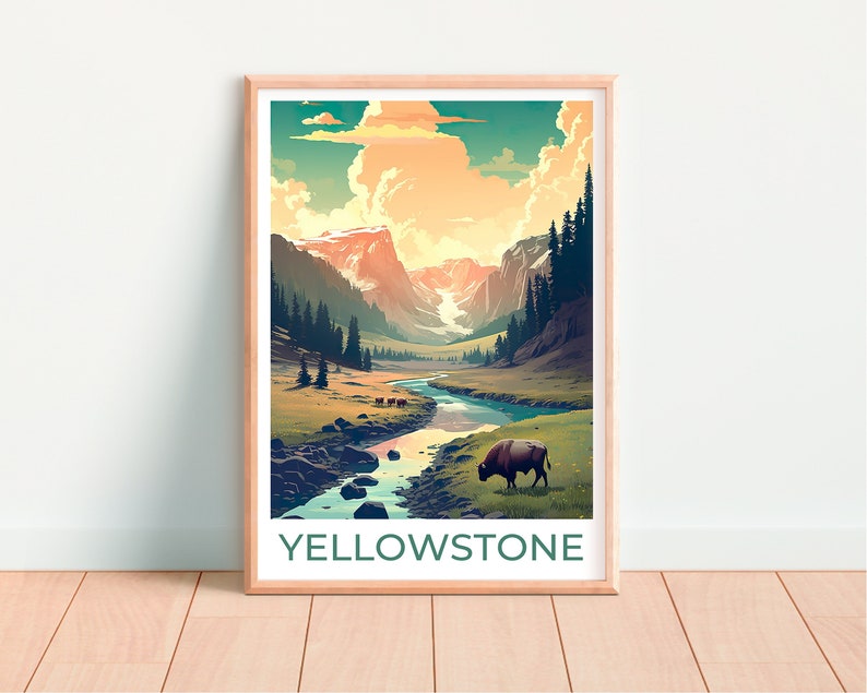 Affiche de voyage de Yellowstone, art mural de Yellowstone, impression de Yellowstone, affiche américaine, art de l'affiche, décoration murale, illustration de Yellowstone