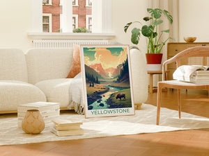 Affiche de voyage de Yellowstone, art mural de Yellowstone, impression de Yellowstone, affiche américaine, art de l'affiche, décoration murale, illustration de Yellowstone