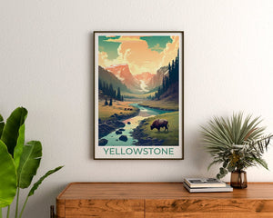 Affiche de voyage de Yellowstone, art mural de Yellowstone, impression de Yellowstone, affiche américaine, art de l'affiche, décoration murale, illustration de Yellowstone