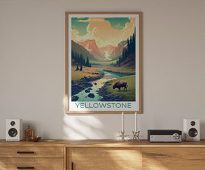 Affiche de voyage de Yellowstone, art mural de Yellowstone, impression de Yellowstone, affiche américaine, art de l'affiche, décoration murale, illustration de Yellowstone