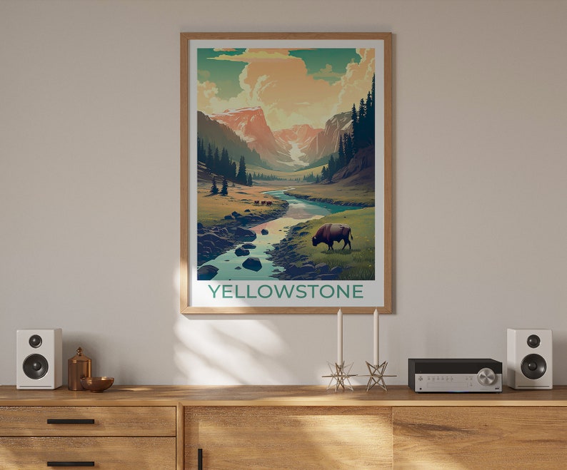 Affiche de voyage de Yellowstone, art mural de Yellowstone, impression de Yellowstone, affiche américaine, art de l'affiche, décoration murale, illustration de Yellowstone