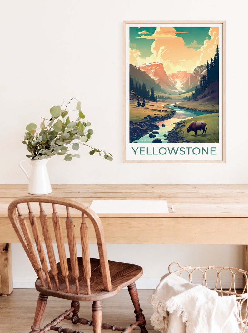Affiche de voyage de Yellowstone, art mural de Yellowstone, impression de Yellowstone, affiche américaine, art de l'affiche, décoration murale, illustration de Yellowstone