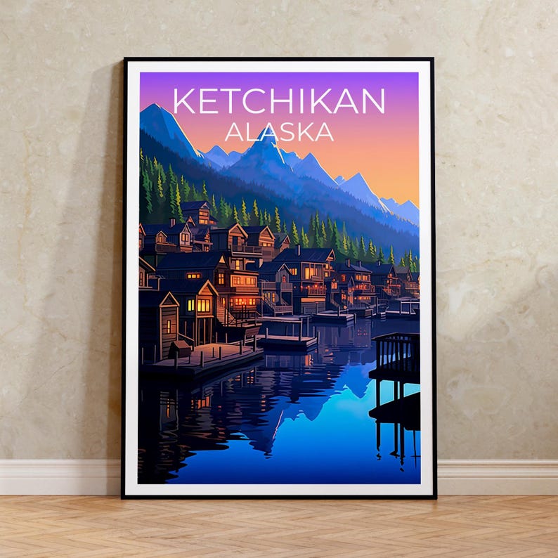 Ketchikan Poster, Alaska Travel Print, Fishing Village Art, Yosemite Illustration, Landscape Poster, Home Decor, Birthday Gift