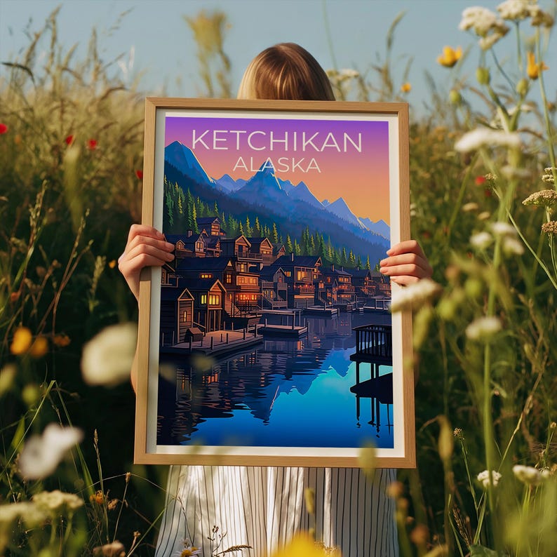 Ketchikan Poster, Alaska Travel Print, Fishing Village Art, Yosemite Illustration, Landscape Poster, Home Decor, Birthday Gift