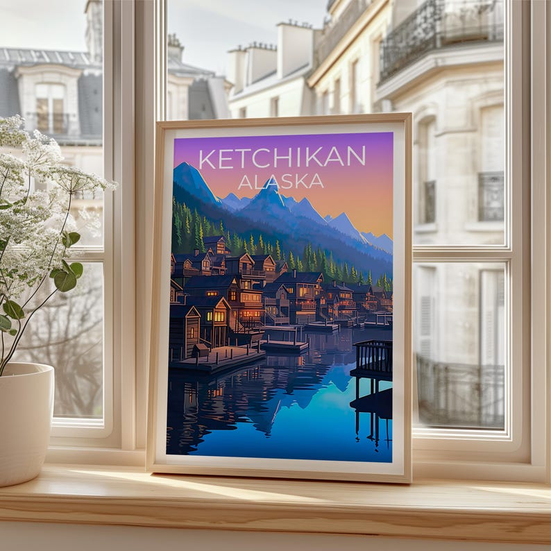 Ketchikan Poster, Alaska Travel Print, Fishing Village Art, Yosemite Illustration, Landscape Poster, Home Decor, Birthday Gift