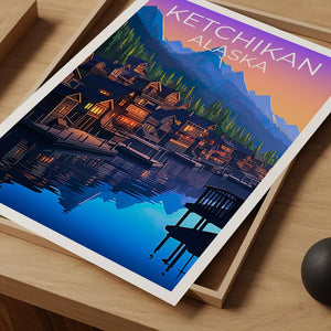 Ketchikan Poster, Alaska Travel Print, Fishing Village Art, Yosemite Illustration, Landscape Poster, Home Decor, Birthday Gift