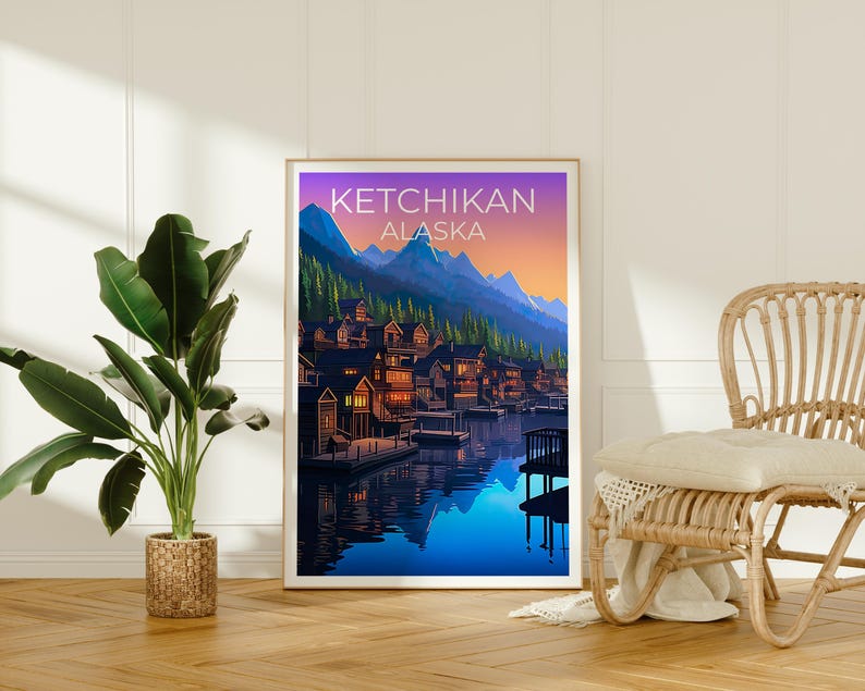 Ketchikan Poster, Alaska Travel Print, Fishing Village Art, Yosemite Illustration, Landscape Poster, Home Decor, Birthday Gift