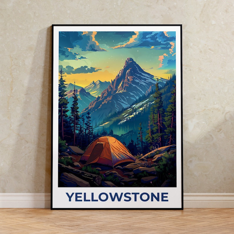 Affiche du parc national de Yellowstone, affiche de camping, affiche du Wyoming, affiche de voyage de Yellowstone, affiche de montagne