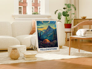 Affiche du parc national de Yellowstone, affiche de camping, affiche du Wyoming, affiche de voyage de Yellowstone, affiche de montagne