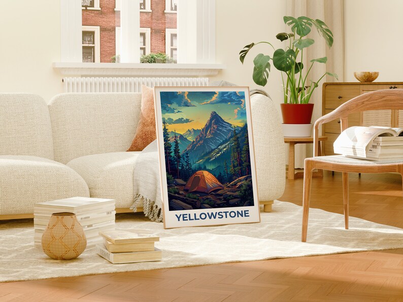 Affiche du parc national de Yellowstone, affiche de camping, affiche du Wyoming, affiche de voyage de Yellowstone, affiche de montagne