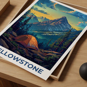 Affiche du parc national de Yellowstone, affiche de camping, affiche du Wyoming, affiche de voyage de Yellowstone, affiche de montagne