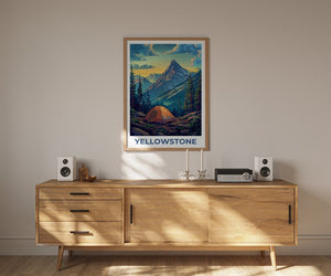 Affiche du parc national de Yellowstone, affiche de camping, affiche du Wyoming, affiche de voyage de Yellowstone, affiche de montagne