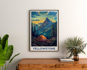 Affiche du parc national de Yellowstone, affiche de camping, affiche du Wyoming, affiche de voyage de Yellowstone, affiche de montagne