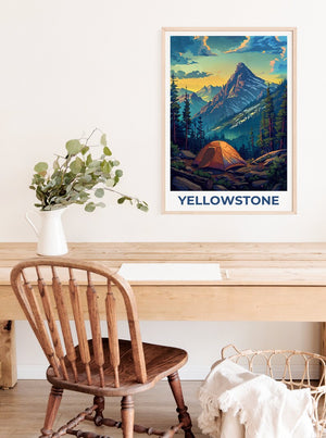 Affiche du parc national de Yellowstone, affiche de camping, affiche du Wyoming, affiche de voyage de Yellowstone, affiche de montagne