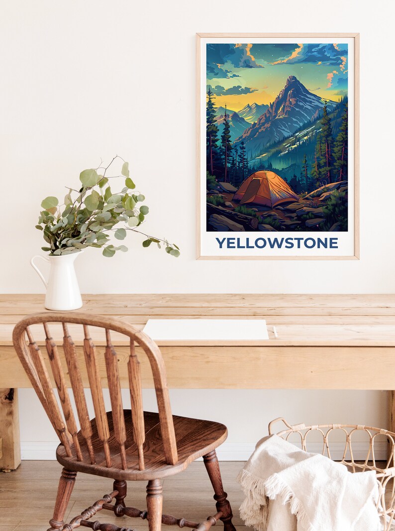 Affiche du parc national de Yellowstone, affiche de camping, affiche du Wyoming, affiche de voyage de Yellowstone, affiche de montagne