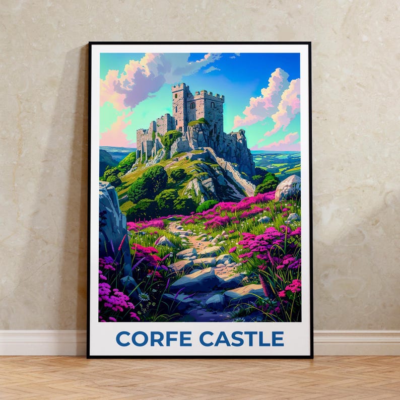 Corfe Castle Poster, England Travel Print, Castle Art, UK Illustration, Landscape Poster, Scenic Wall Art, Home Decor, Birthday Gift