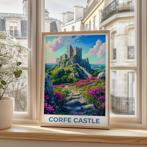 Corfe Castle Poster, England Travel Print, Castle Art, UK Illustration, Landscape Poster, Scenic Wall Art, Home Decor, Birthday Gift