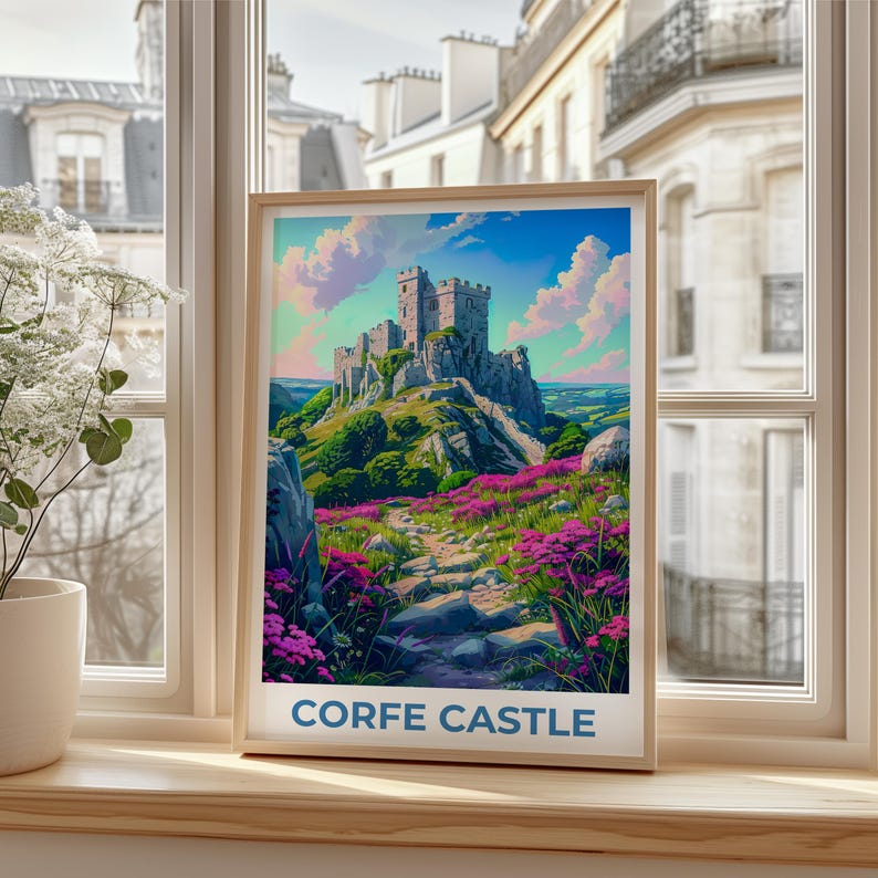Corfe Castle Poster, England Travel Print, Castle Art, UK Illustration, Landscape Poster, Scenic Wall Art, Home Decor, Birthday Gift