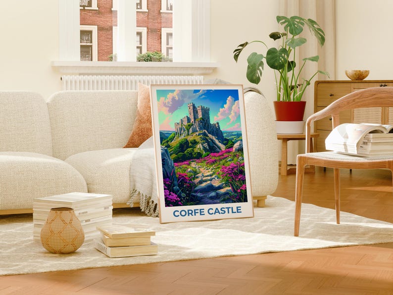 Corfe Castle Poster, England Travel Print, Castle Art, UK Illustration, Landscape Poster, Scenic Wall Art, Home Decor, Birthday Gift