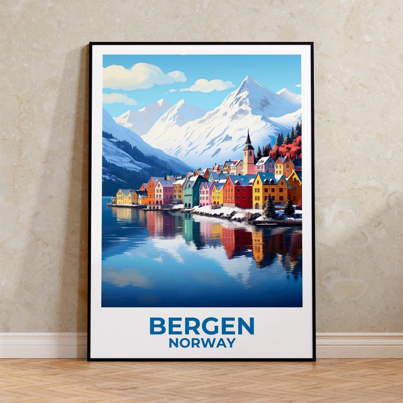 Bergen Travel Print Norway Poster Winter Town Wall Art Snow Illustration Bergen Poster Home Decor Birthday Gift