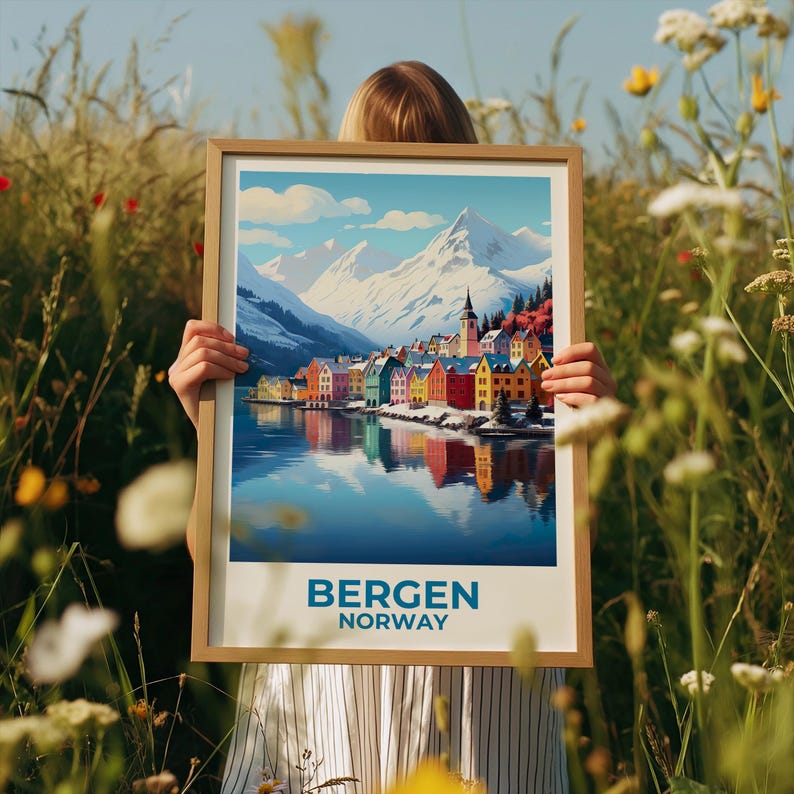 Bergen Travel Print Norway Poster Winter Town Wall Art Snow Illustration Bergen Poster Home Decor Birthday Gift