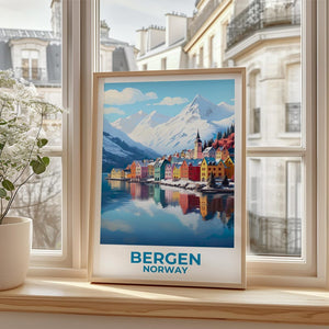 Bergen Travel Print Norway Poster Winter Town Wall Art Snow Illustration Bergen Poster Home Decor Birthday Gift
