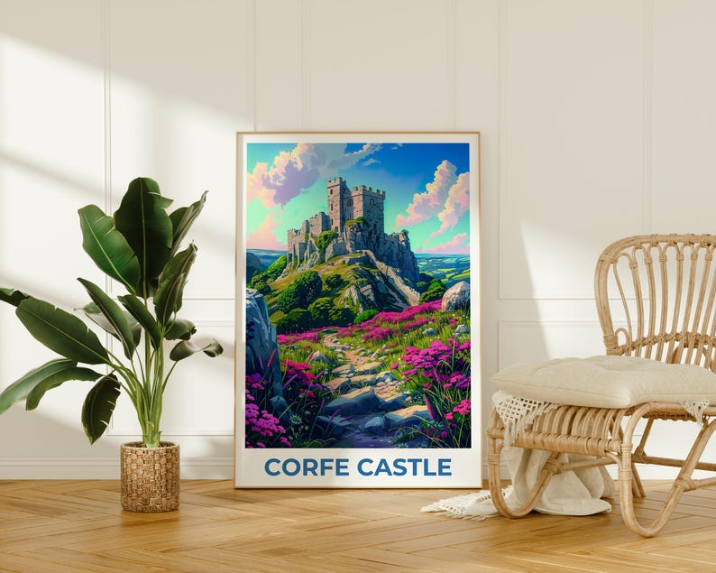 Corfe Castle Poster, England Travel Print, Castle Art, UK Illustration, Landscape Poster, Scenic Wall Art, Home Decor, Birthday Gift