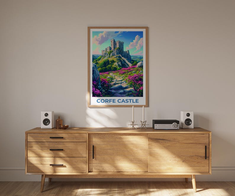 Corfe Castle Poster, England Travel Print, Castle Art, UK Illustration, Landscape Poster, Scenic Wall Art, Home Decor, Birthday Gift