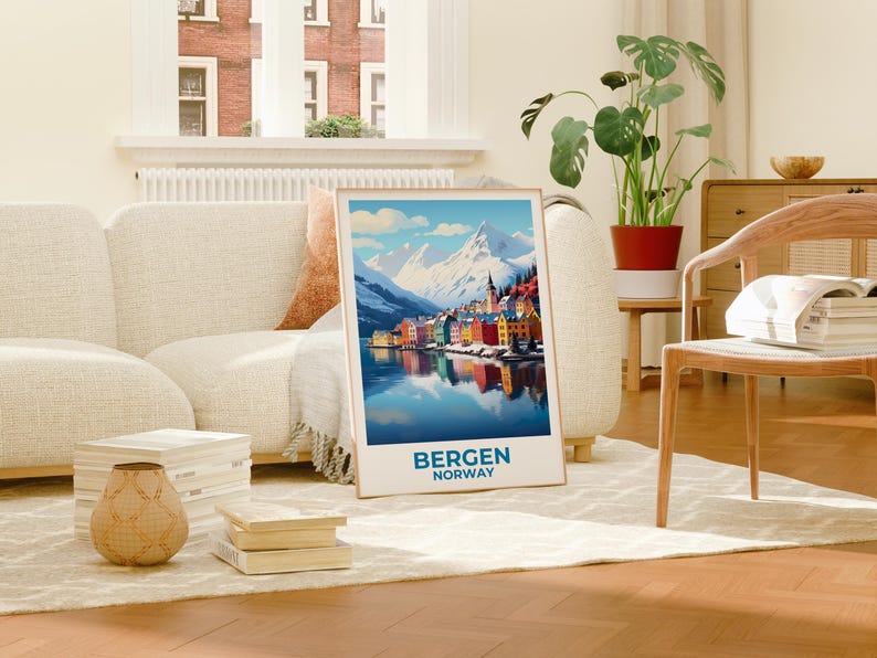 Bergen Travel Print Norway Poster Winter Town Wall Art Snow Illustration Bergen Poster Home Decor Birthday Gift