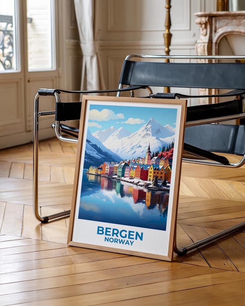 Bergen Travel Print Norway Poster Winter Town Wall Art Snow Illustration Bergen Poster Home Decor Birthday Gift