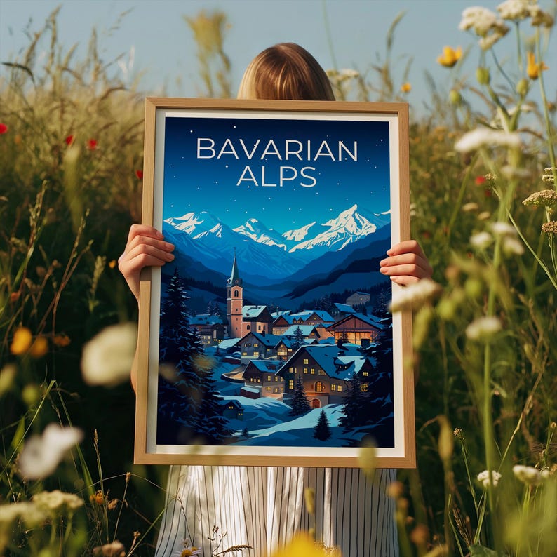 Bavarian Alps Travel Print Germany Poster European Town Wall Art Germany Illustration Bavarian Alps Poster Home Decor Birthday Gift