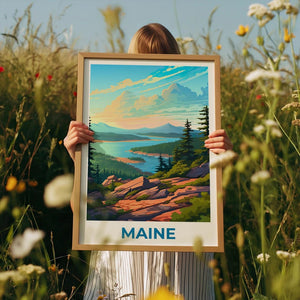 Maine Travel Print Acadia National Park Poster Forest Wall Art Mountain Illustration Maine Poster Home Decor Birthday Gift