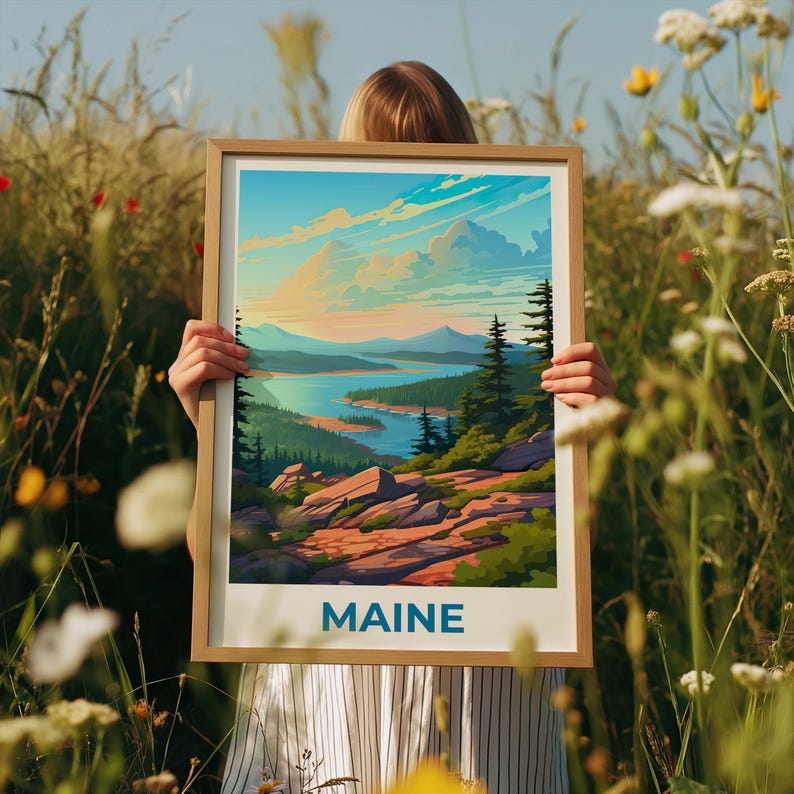 Maine Travel Print Acadia National Park Poster Forest Wall Art Mountain Illustration Maine Poster Home Decor Birthday Gift