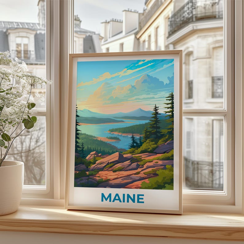 Maine Travel Print Acadia National Park Poster Forest Wall Art Mountain Illustration Maine Poster Home Decor Birthday Gift