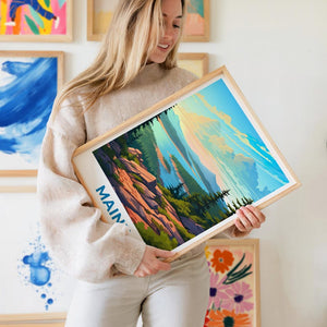 Maine Travel Print Acadia National Park Poster Forest Wall Art Mountain Illustration Maine Poster Home Decor Birthday Gift