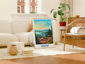 Maine Travel Print Acadia National Park Poster Forest Wall Art Mountain Illustration Maine Poster Home Decor Birthday Gift