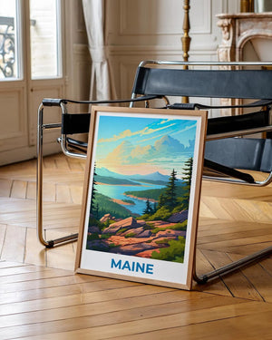 Maine Travel Print Acadia National Park Poster Forest Wall Art Mountain Illustration Maine Poster Home Decor Birthday Gift