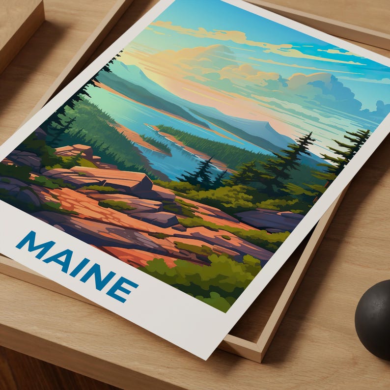Maine Travel Print Acadia National Park Poster Forest Wall Art Mountain Illustration Maine Poster Home Decor Birthday Gift