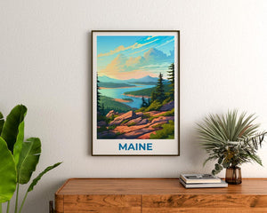 Maine Travel Print Acadia National Park Poster Forest Wall Art Mountain Illustration Maine Poster Home Decor Birthday Gift