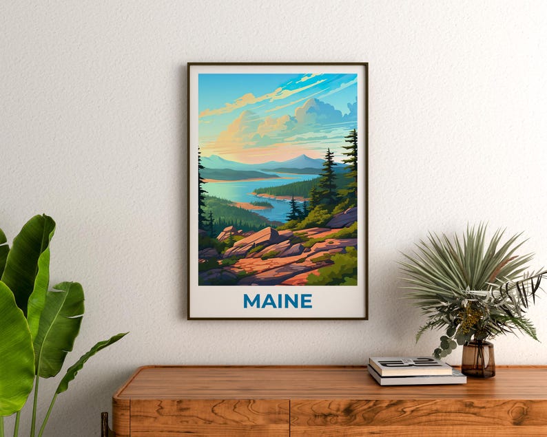 Maine Travel Print Acadia National Park Poster Forest Wall Art Mountain Illustration Maine Poster Home Decor Birthday Gift