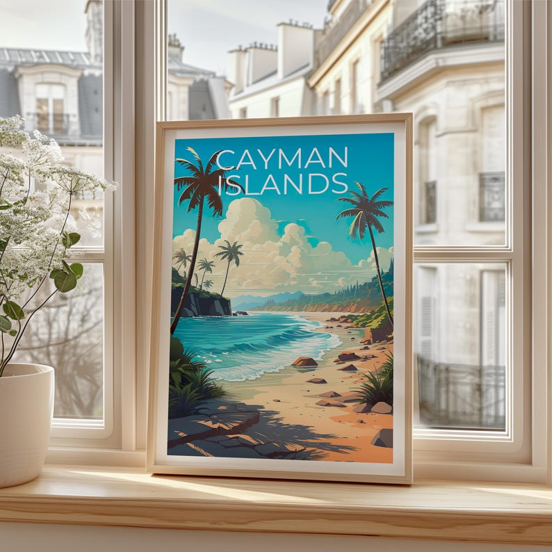 Cayman Islands Travel Print Tropical Island Poster Palm Trees Wall Art Beach Illustration Cayman Islands Poster Home Decor Birthday Gift