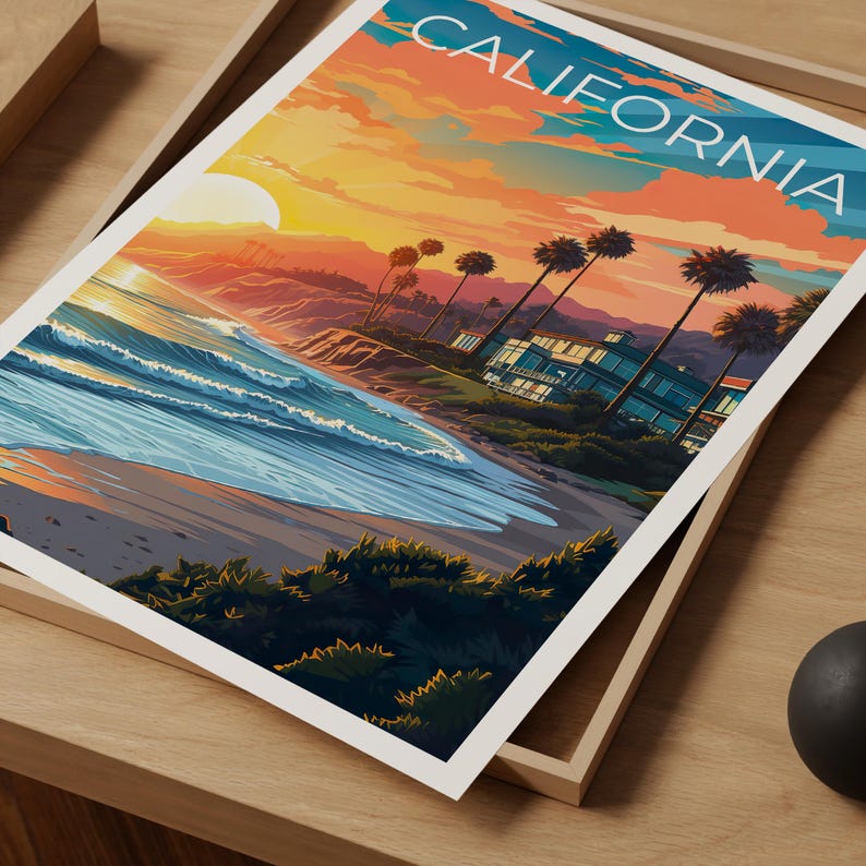 California Travel Print Orange County Poster Beach Vibes Wall Art Coast Illustration California Poster Home Decor Birthday Gift