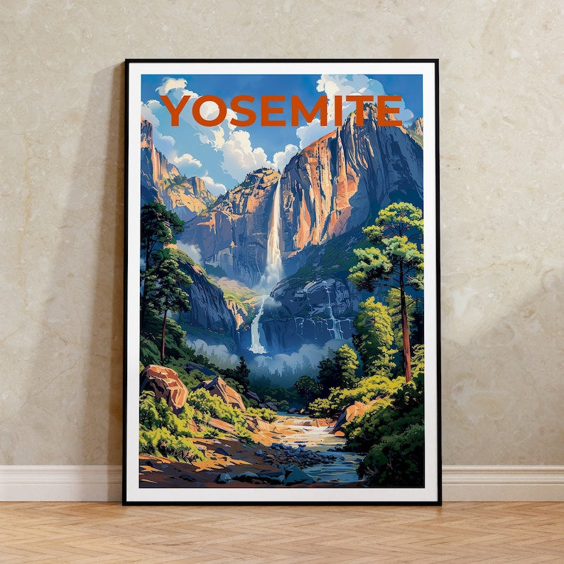 Affiche de Yosemite, impression de Sentinel Falls, art de Yosemite, impression de Yosemite, affiche de voyage de Yosemite, affiche de Sentinel Falls, art mural de Californie